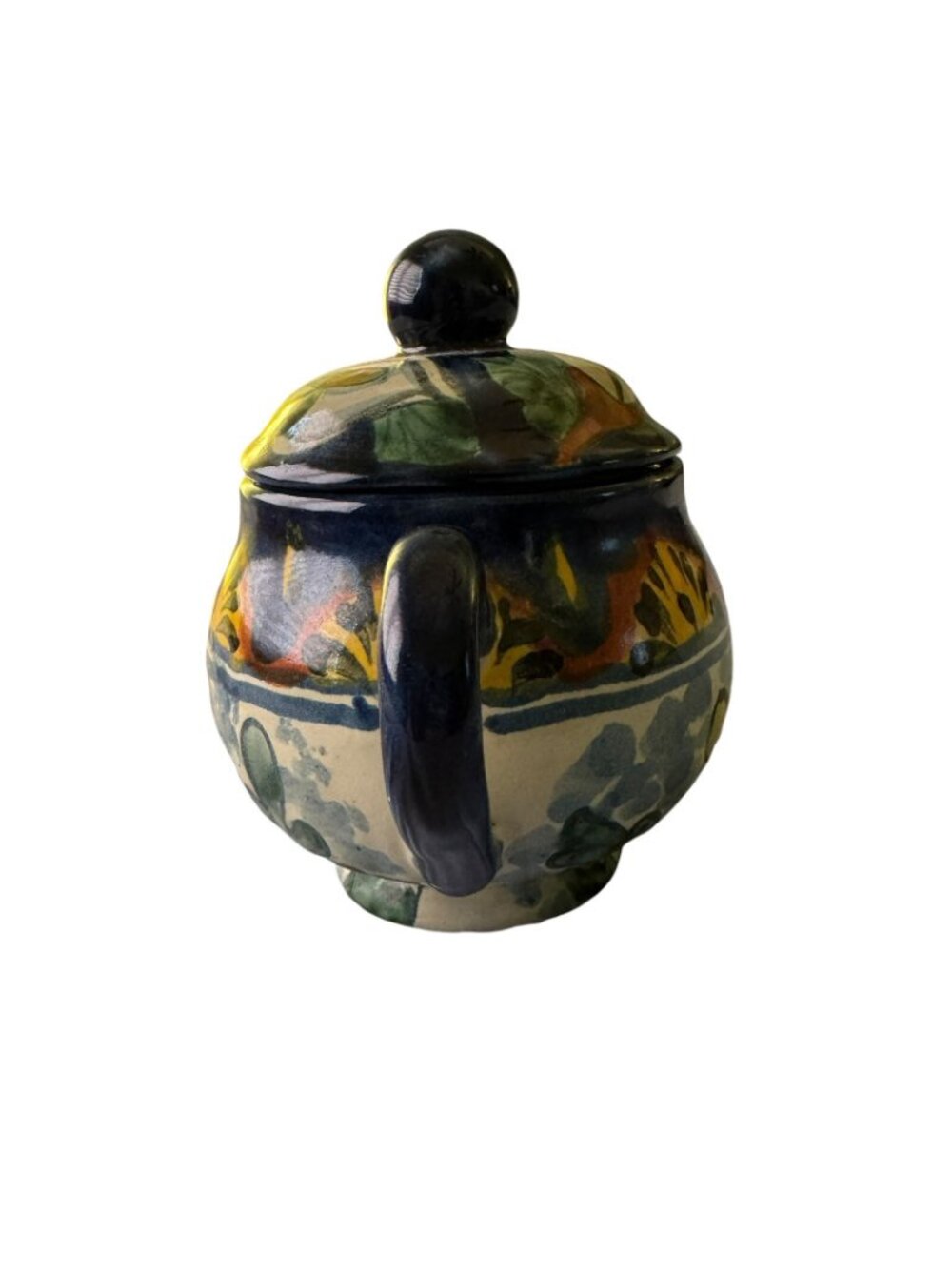 Talavera Sugar Bowl Lilies Fish Blue White Brown Yellow Red Clay w/ Lid - Picture 2 of 8